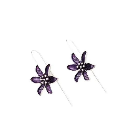 Purple flower-shaped alloy earrings with electroplated finish and butterfly clasps