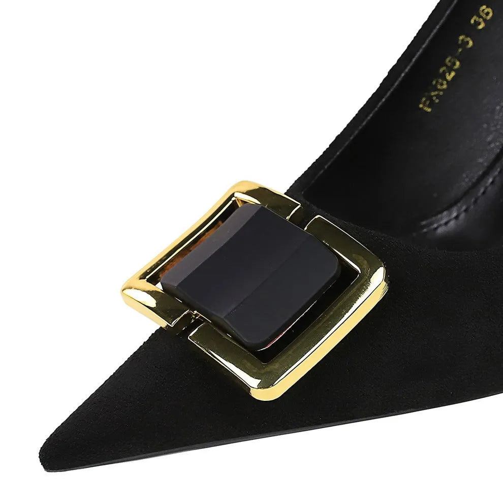 Black suede women's stiletto heels with 9cm heel height and pointed toe