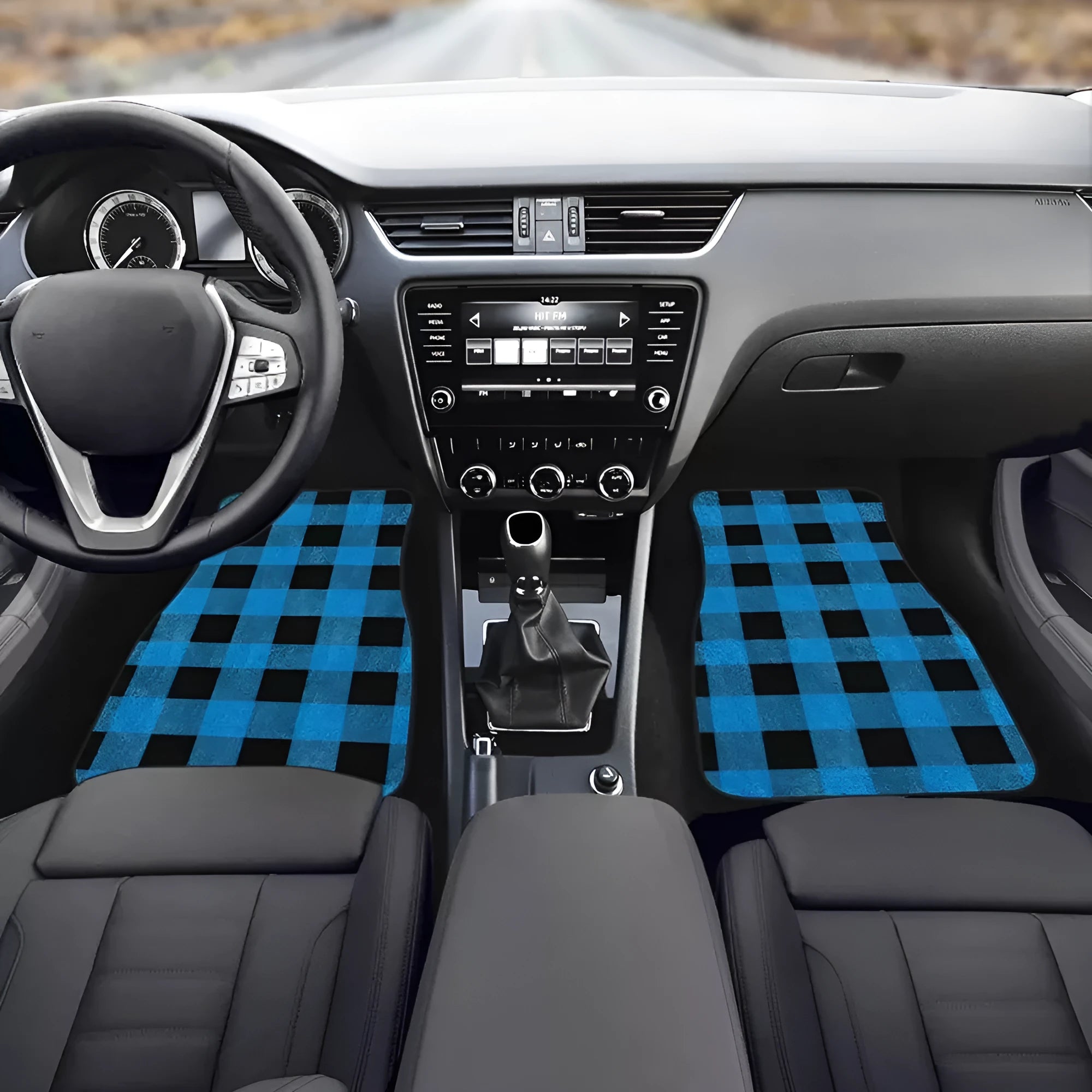 Black printed rubber car floor mat set, showing textured surface and 20mm thickness, four pieces for front and rear footwells.