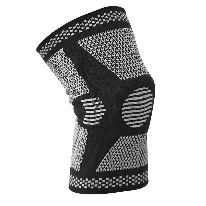 Sports fitness silicone spring knee pad in blue, shown on a leg.