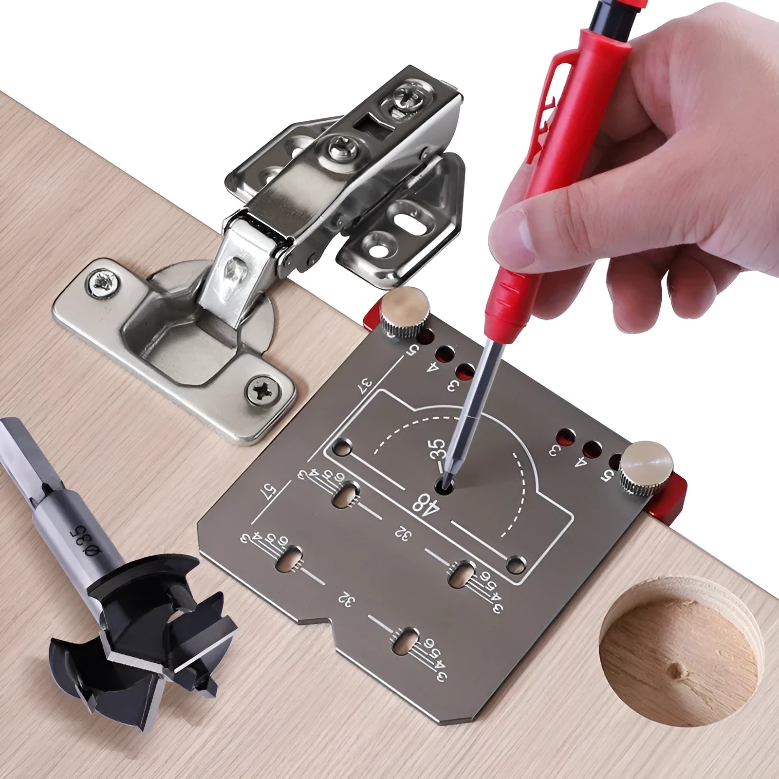 Red aluminium alloy hinge locating rule with adjustable margin settings for 35mm cabinet hinges