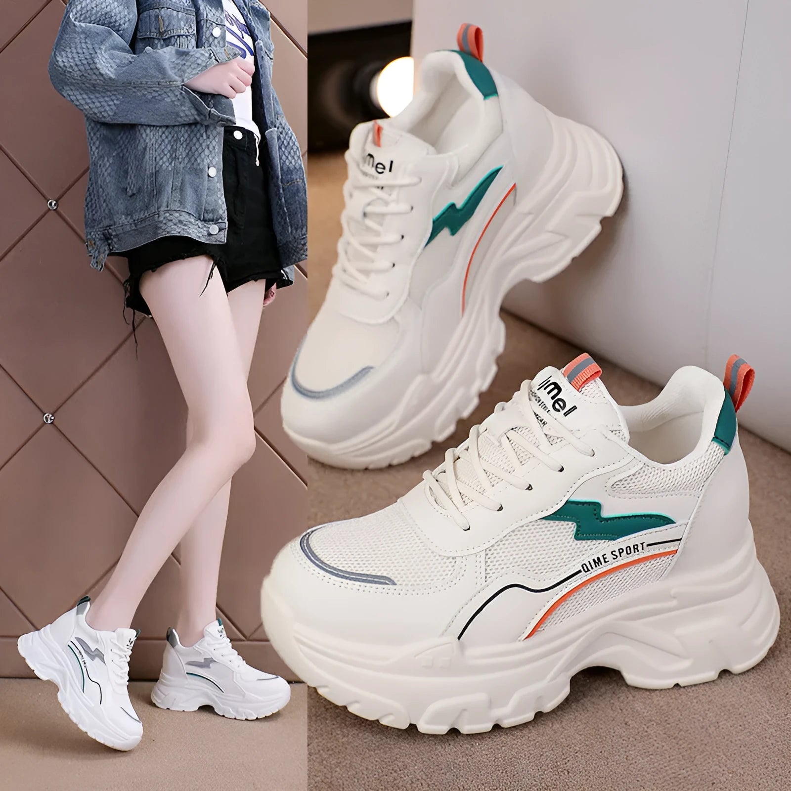 Breathable white and beige women's dad shoes with cross strap and flat rubber sole.