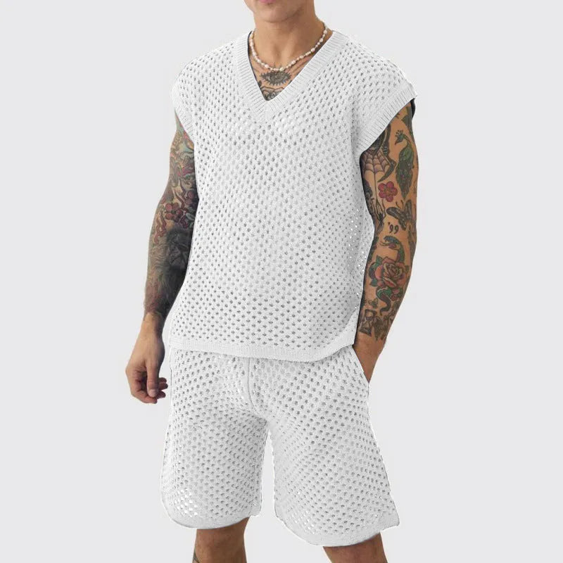 Men's blue V-neck sleeveless vest and matching shorts sports suit on hanger