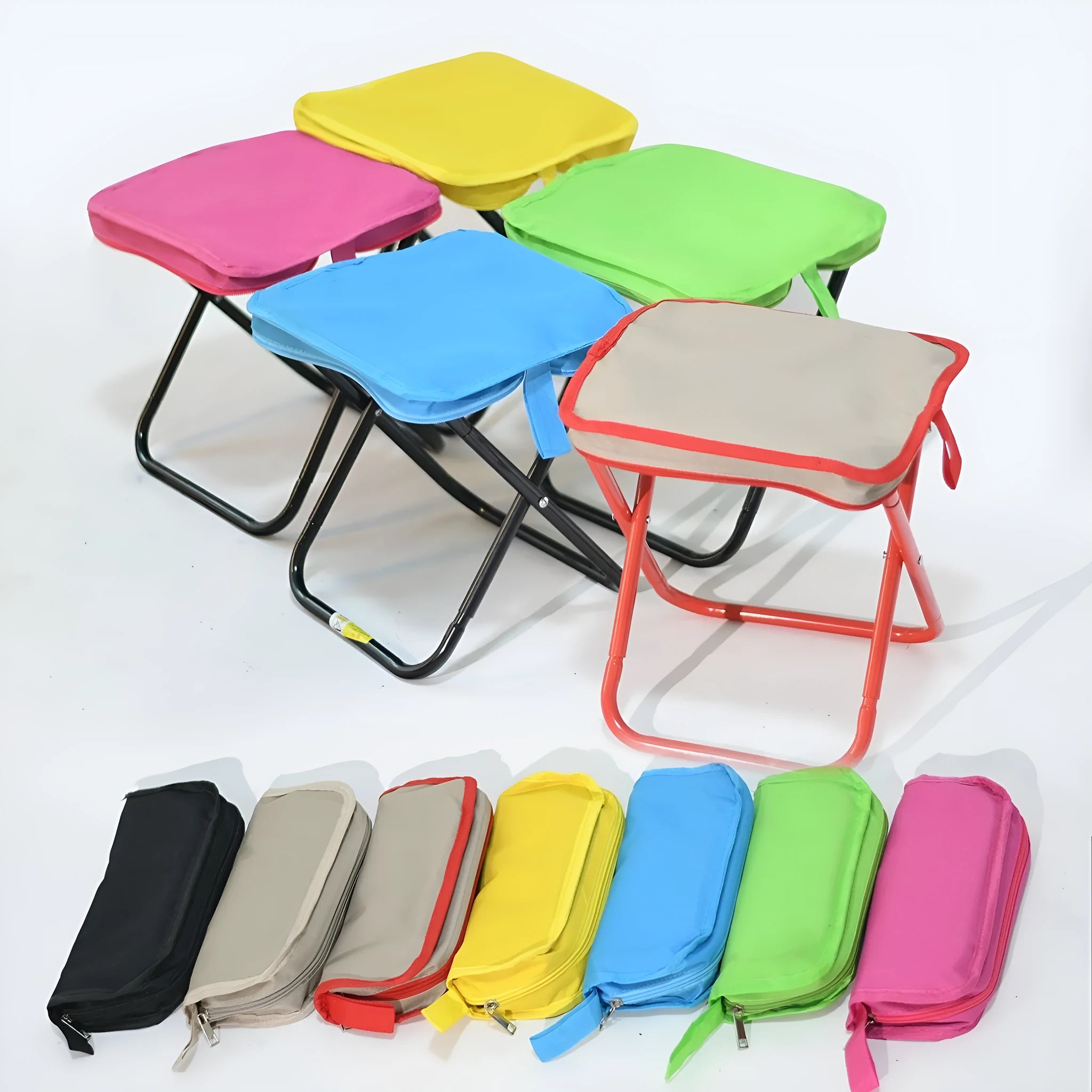 Foldable camp stool in pencil box design with oxford cloth construction shown in khaki colour