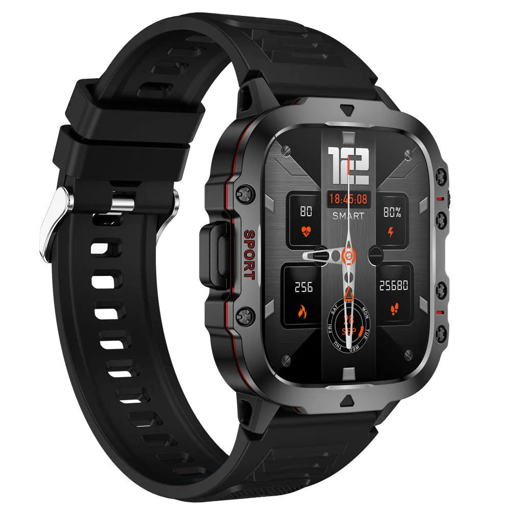 QX11 smart watch in black with zinc alloy case and TFT screen showing heart rate display.