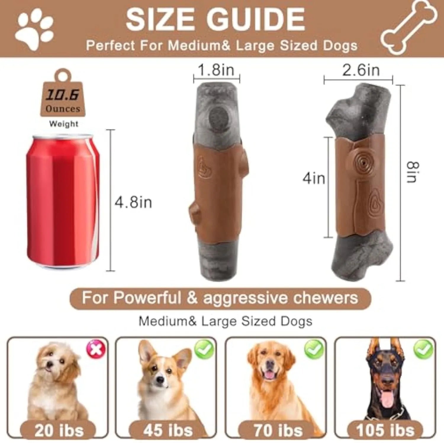 Large branch-shaped nylon dog chew toy with bacon flavour and built-in squeaker for aggressive chewers