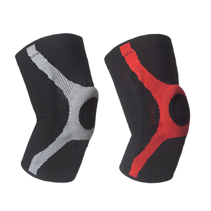 Knitted sports knee pads with silicone non-slip grippers in grey and red colours