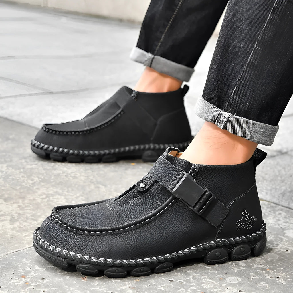 Handmade stitching flat bottom slip on casual shoes in black, green, and brown colours.