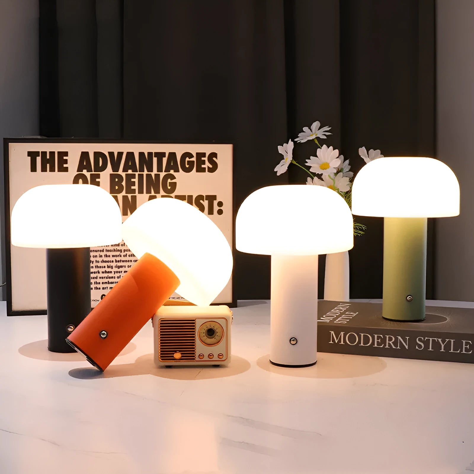 USB-powered colour-changing atmosphere table lamp in black, white, orange, or green style