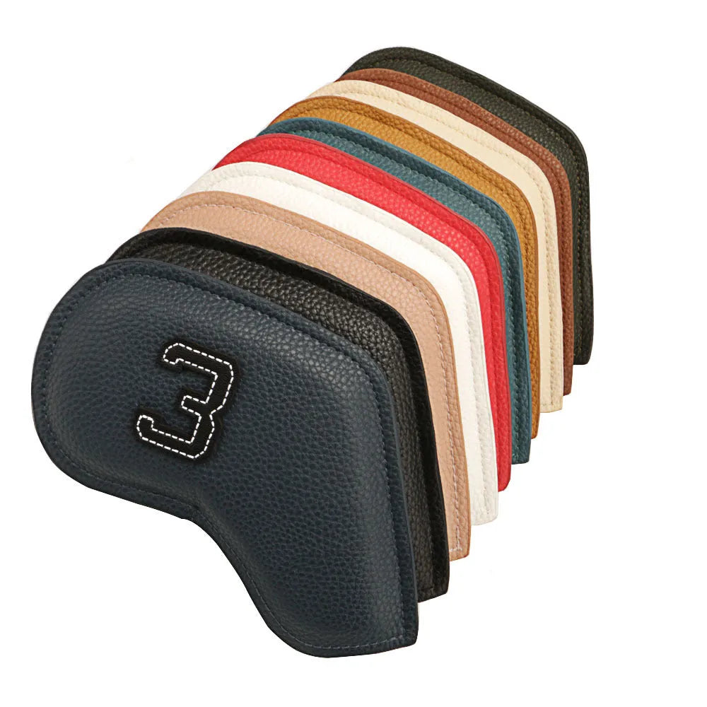 Ten digitally printed PU golf club head covers in varied colours