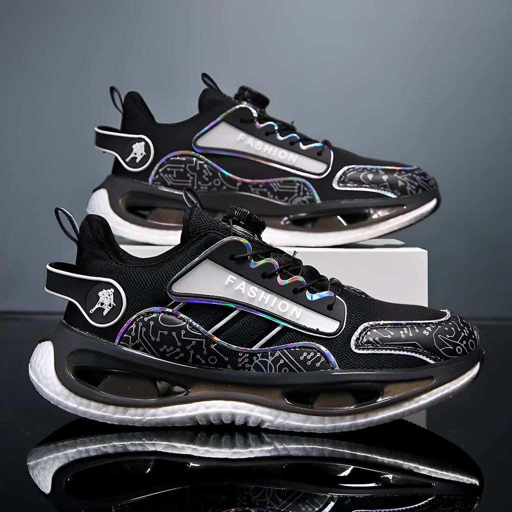 Men's low-top mesh sports shoes in black with an elastic band closure and textured non-slip sole.