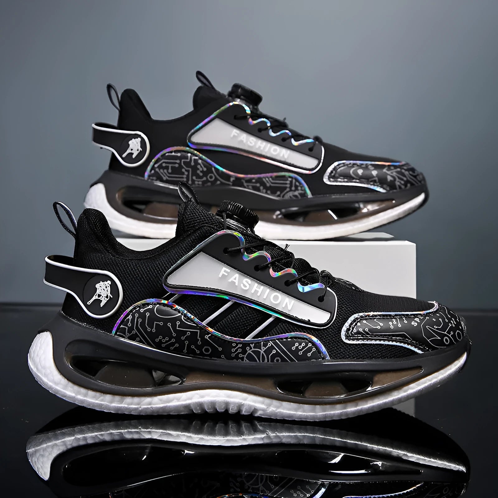 Men's low-top mesh sports shoes in black with an elastic band closure and textured non-slip sole.