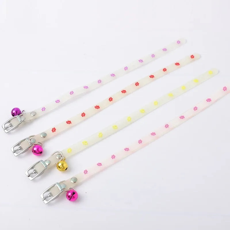 LED luminous cat collar with adjustable nylon rope and metal bell in paw print design