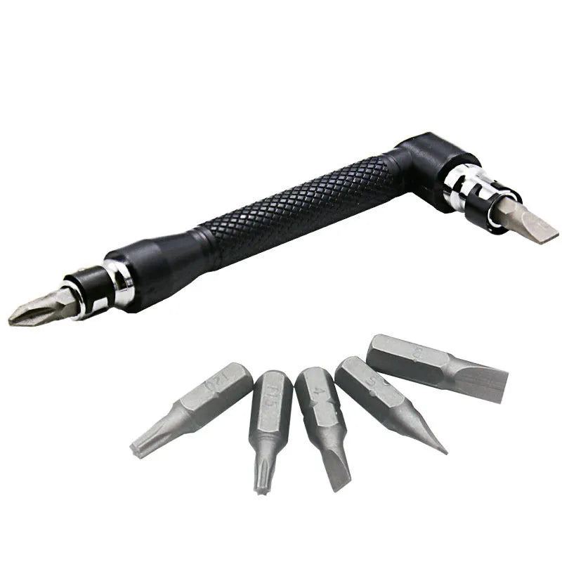 L-shaped double-headed socket wrench with 10 screwdriver bits and matching socket wrenches