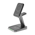 Black three-in-one wireless charging station for mobile phone, watch, and earbuds