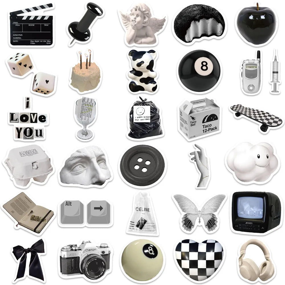 61 piece black and white waterproof PVC sticker set for multiple surfaces