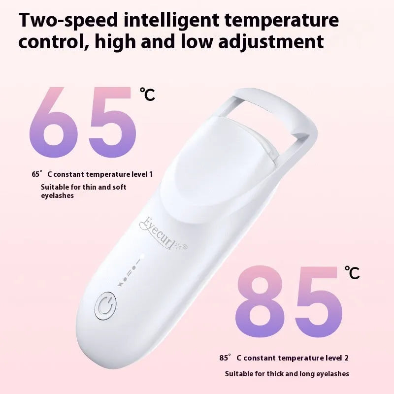 USB charging electric heating eyelash curler in cream white, pink, or apricot.