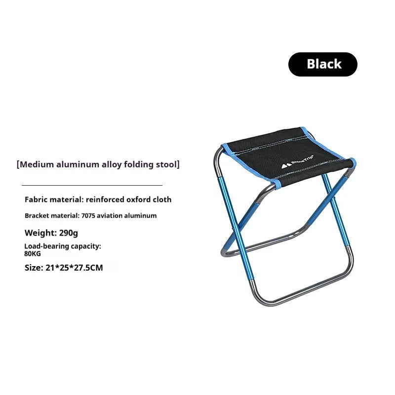 Black aluminium alloy folding stool in a folded and unfolded state, showing ethnic style details.