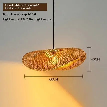 Bamboo hanging lamp with straw hat shape and 60cm diameter, made from natural rattan