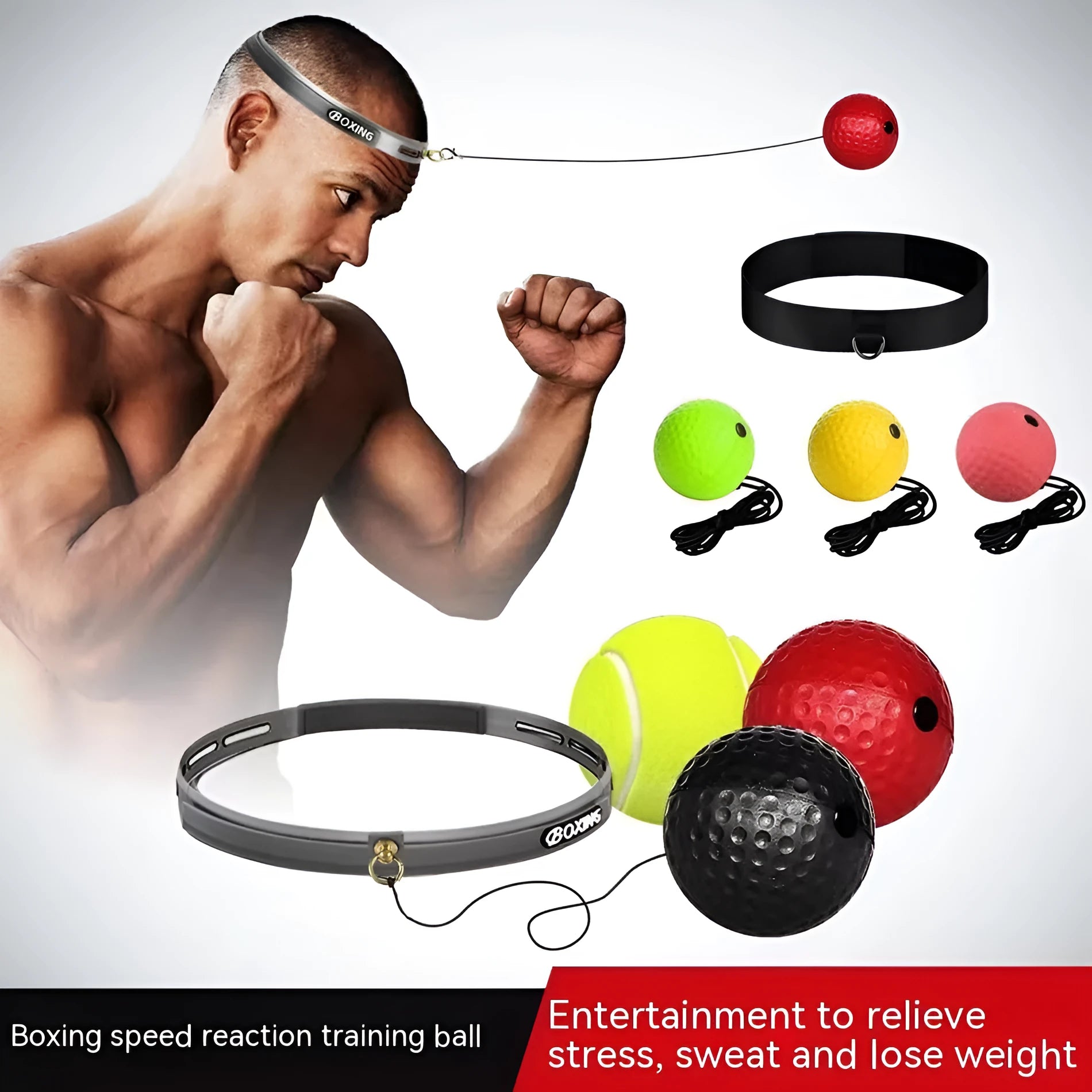 Head-mounted boxing reaction training ball set with multiple coloured balls and adjustable headbands