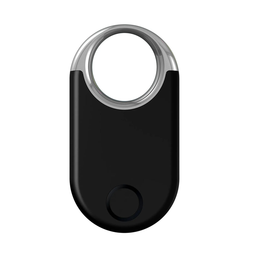 Black and white GPS tracker device for pets and children showing USB port and compact size.