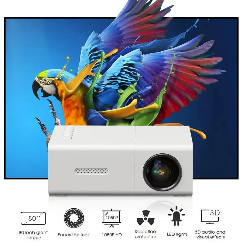 M100 mini LED projector showing 100-inch projection with remote control and cables