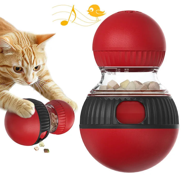 Plastic rotating cat toy with food-dispensing ball and sound module in Super Ball colour.