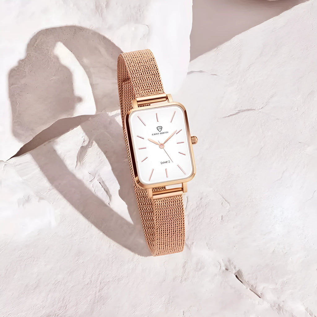 Women's quartz watch with woven steel belt, 34mm alloy case, rose gold or silver finish, 30m waterproof