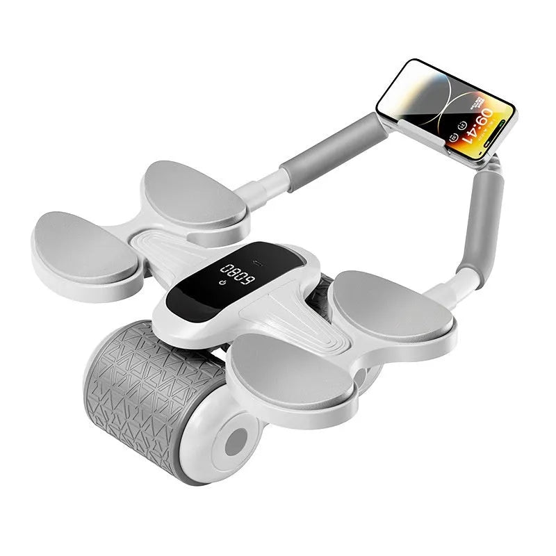 White belly contracting and rolling fitness equipment with LED timing and calorie counting screen
