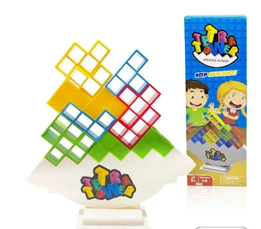 Plastic balance stacking board game with 16 colourful blocks on a chassis and base