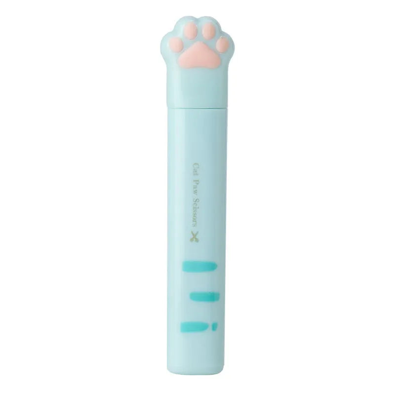 Cat paw mini folding safety scissors showing stainless steel blades and decorative handles in four colour options