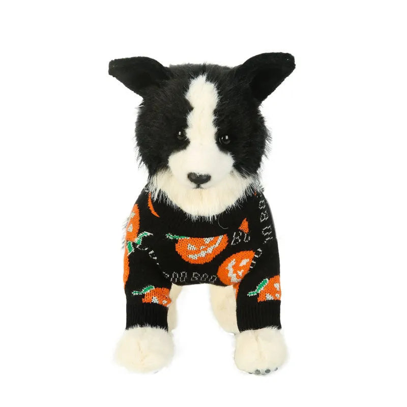 Black dog sweater with an orange Halloween pumpkin print on the back.