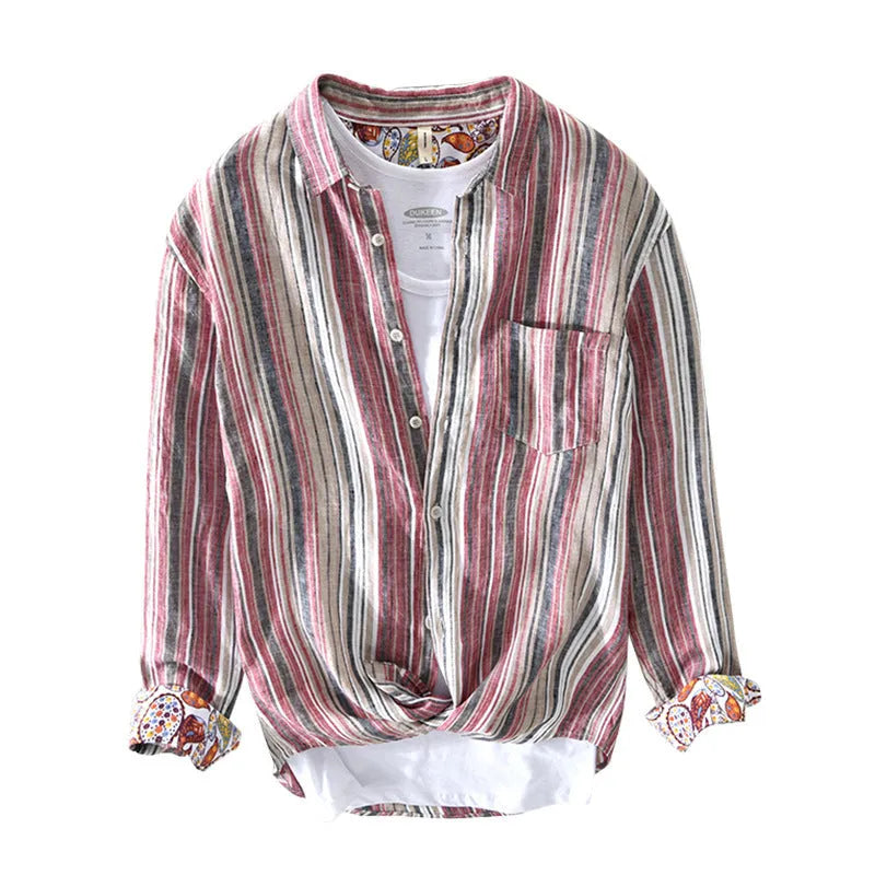 Men's grey striped linen shirt with long sleeves loose fit casual wear