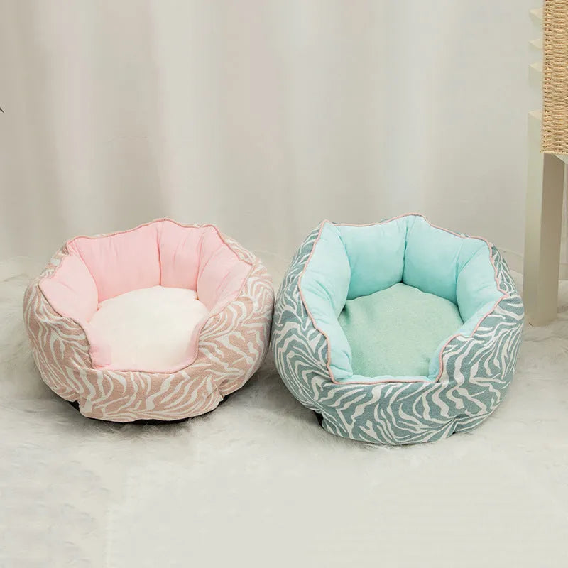 Blue octagonal pet bed with raised sides and removable mats for cats and small dogs