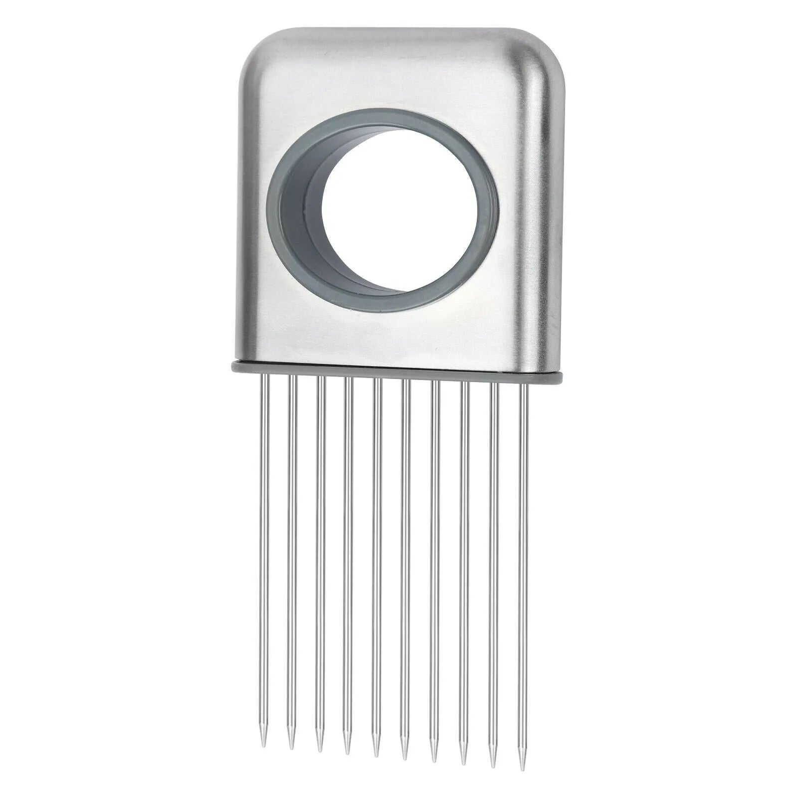 Stainless steel and ABS onion holder slicer for securing tomatoes and vegetables during cutting.
