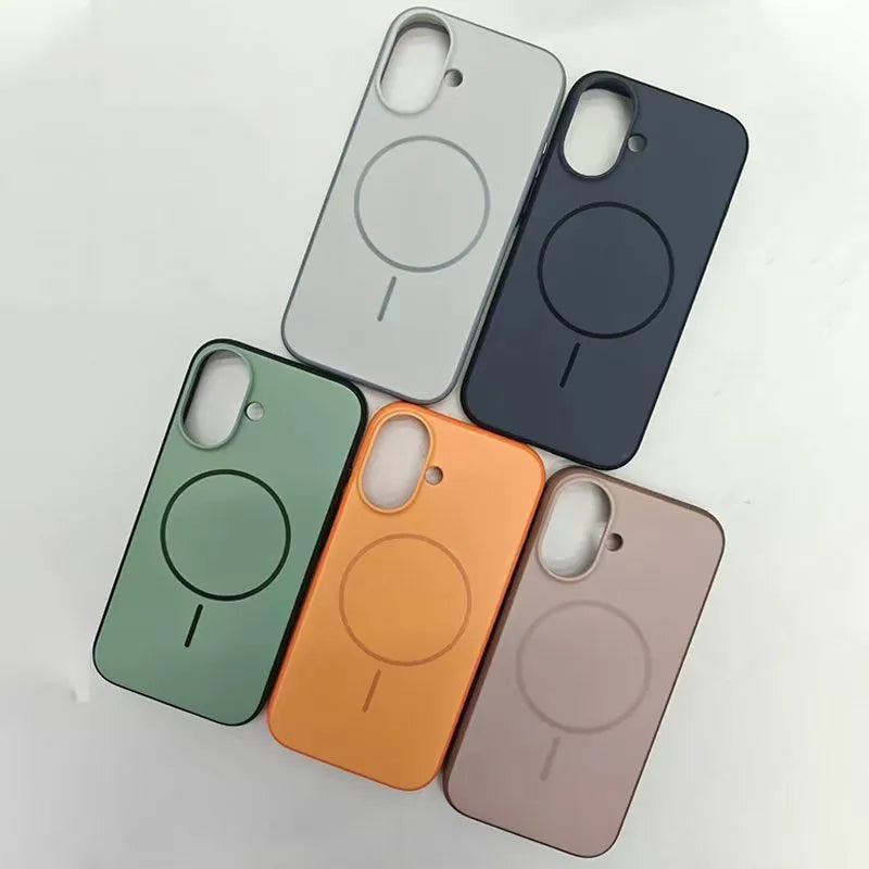 Blue frosted magnetic iPhone case showing AI camera button and precise cutouts for ports and camera.