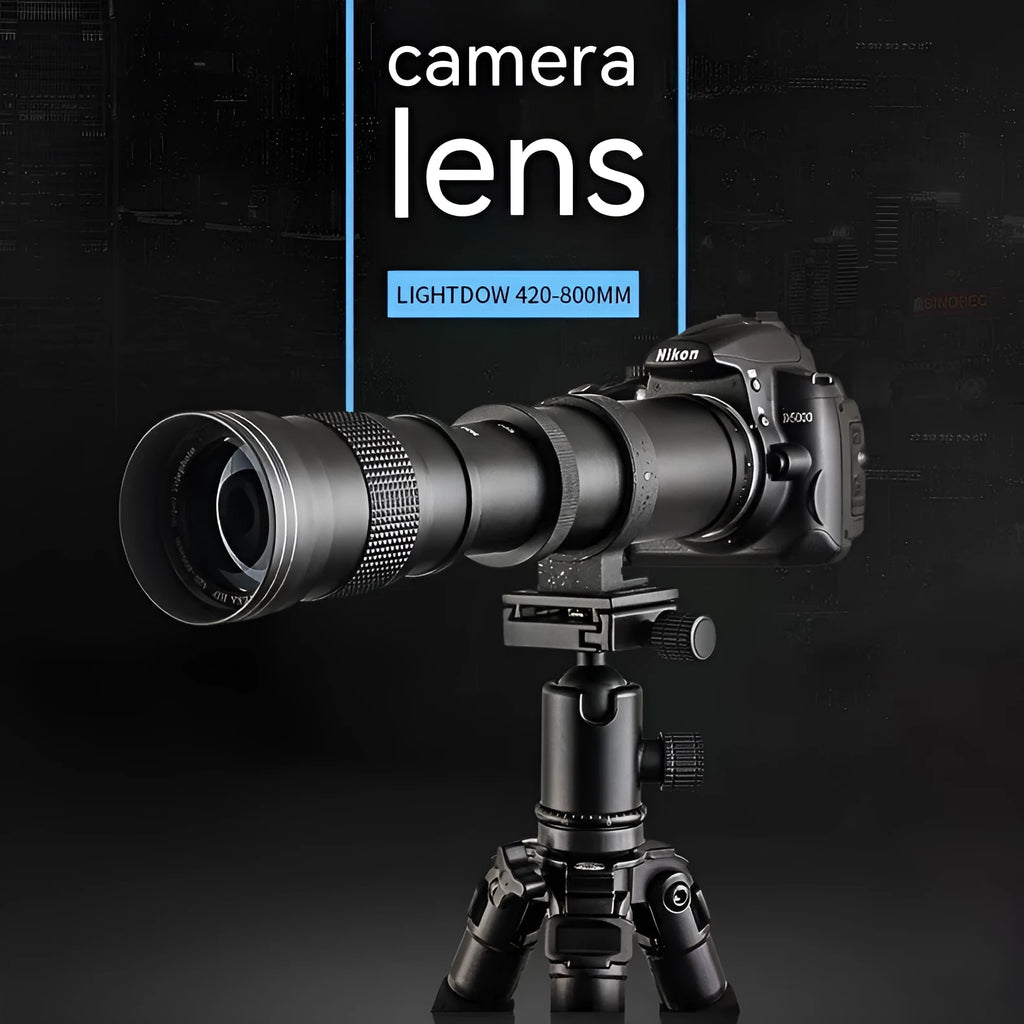 Manual telephoto zoom camera lens adapter with 420-800mm range and 67mm filter thread on a black background.
