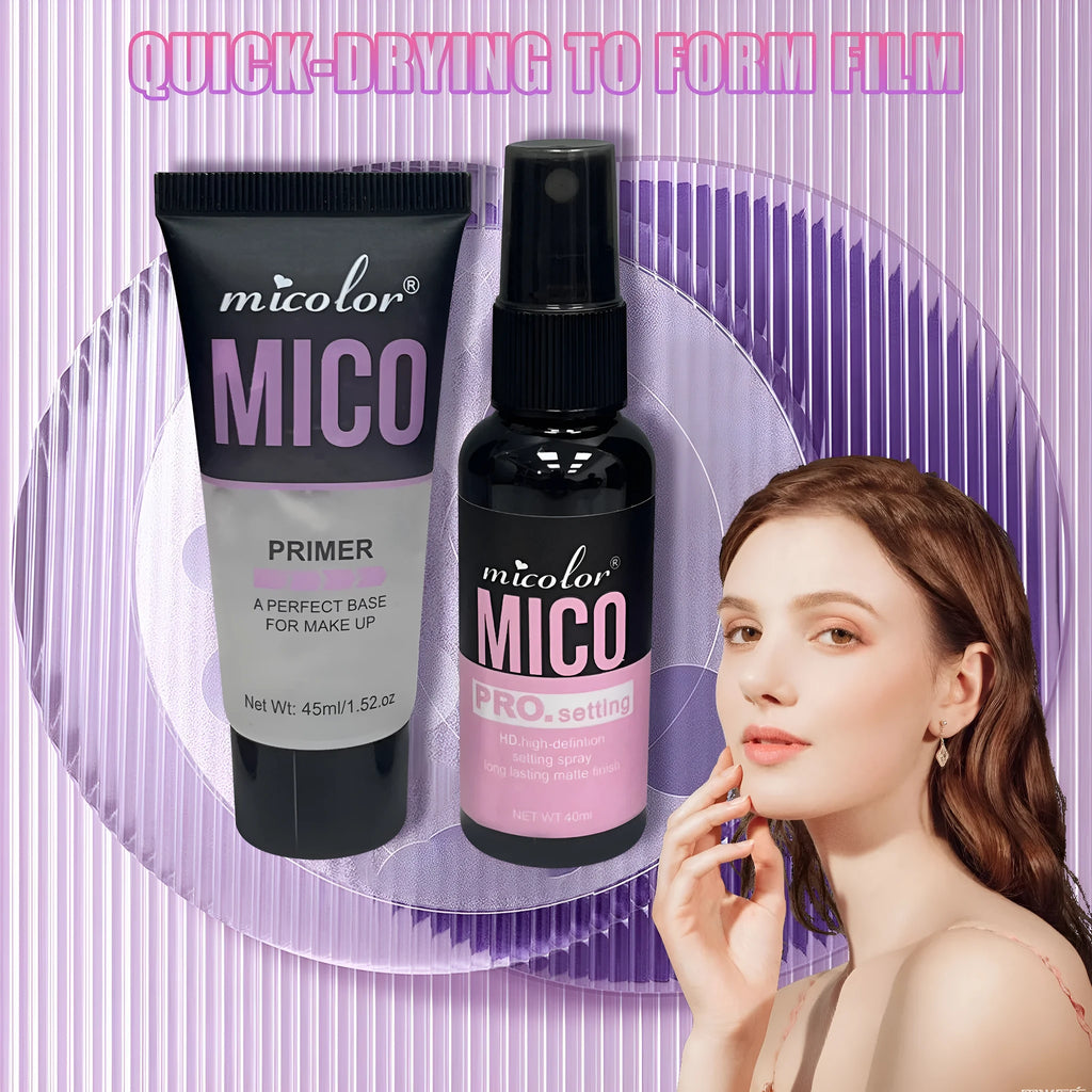 Two-in-one makeup primer and setting spray set with 45ml and 40ml bottles