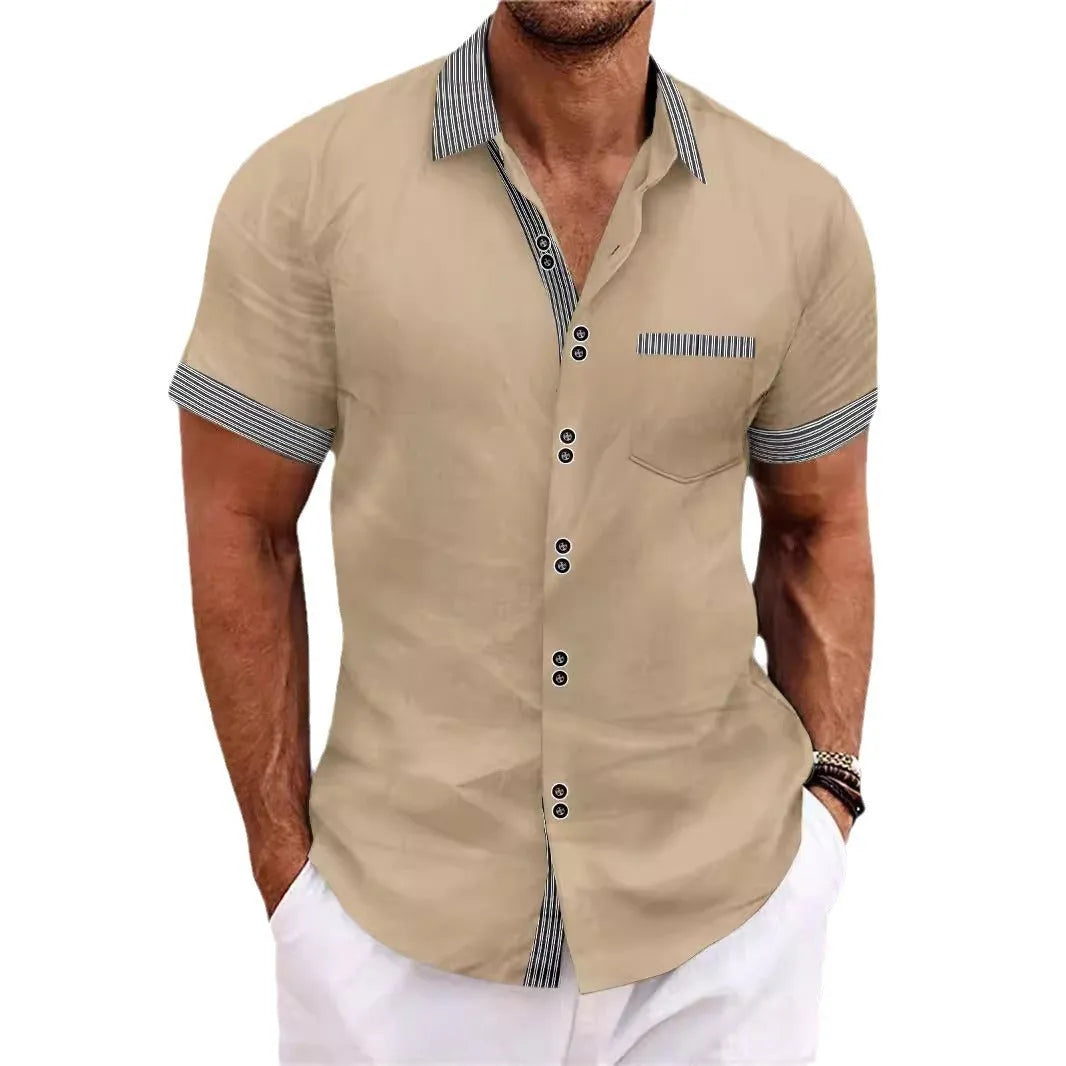 Men's striped double button short sleeve casual shirt in pure cotton, slim fit style