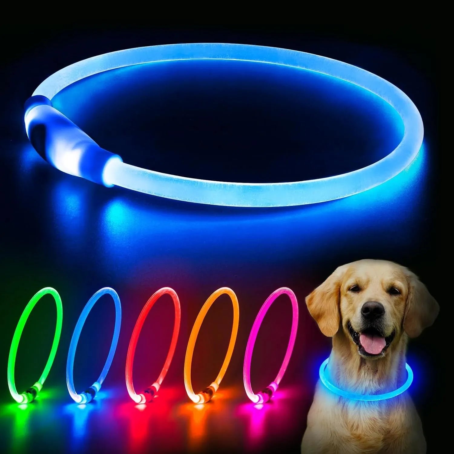 USB rechargeable LED dog collar with glowing light in blue colour, adjustable 70cm length
