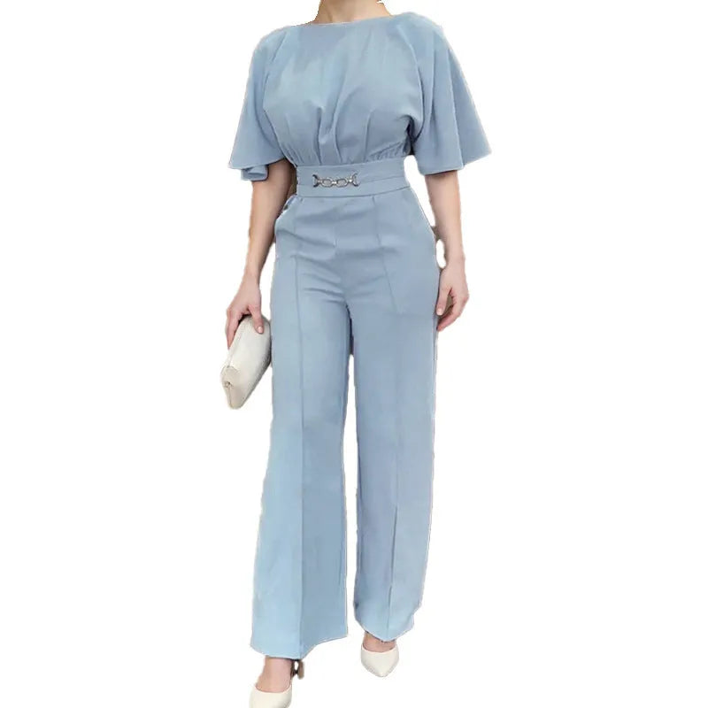 Blue men's polyester suit with trousers and long-sleeved shirt on hanger