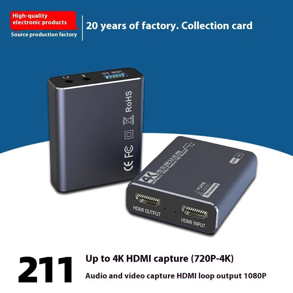 Black 4K gaming set-top box with audio recording function and MS2131 chip.