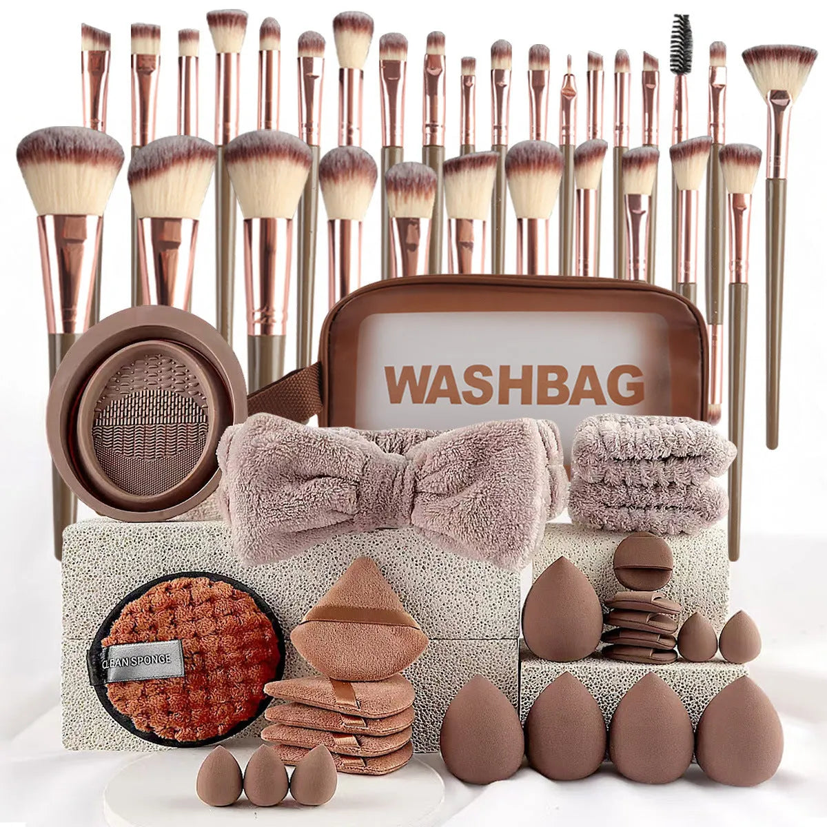 Hydrophilic non-latex beauty tool combination set for makeup and face washing in pink, brown, and purple colours