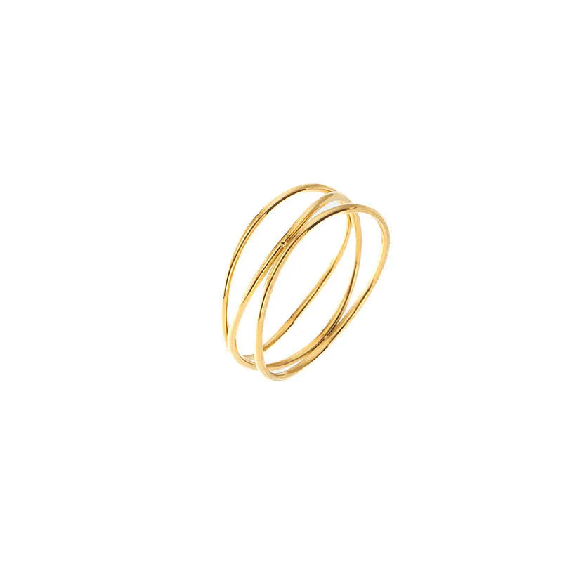 Gold titanium steel geometric ring with three-layer coil design shown from multiple angles