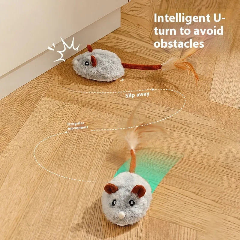 Electric mouse cat pole toy with plush mice in pink, dark grey, or purple colour options