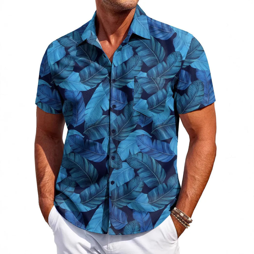 Man wearing a slim fit short sleeve Hawaiian shirt in four-sided elastic polyester fabric