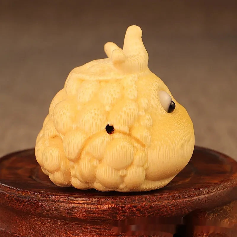 Solid bamboo carving of Crown Princess toad ornament in cute style