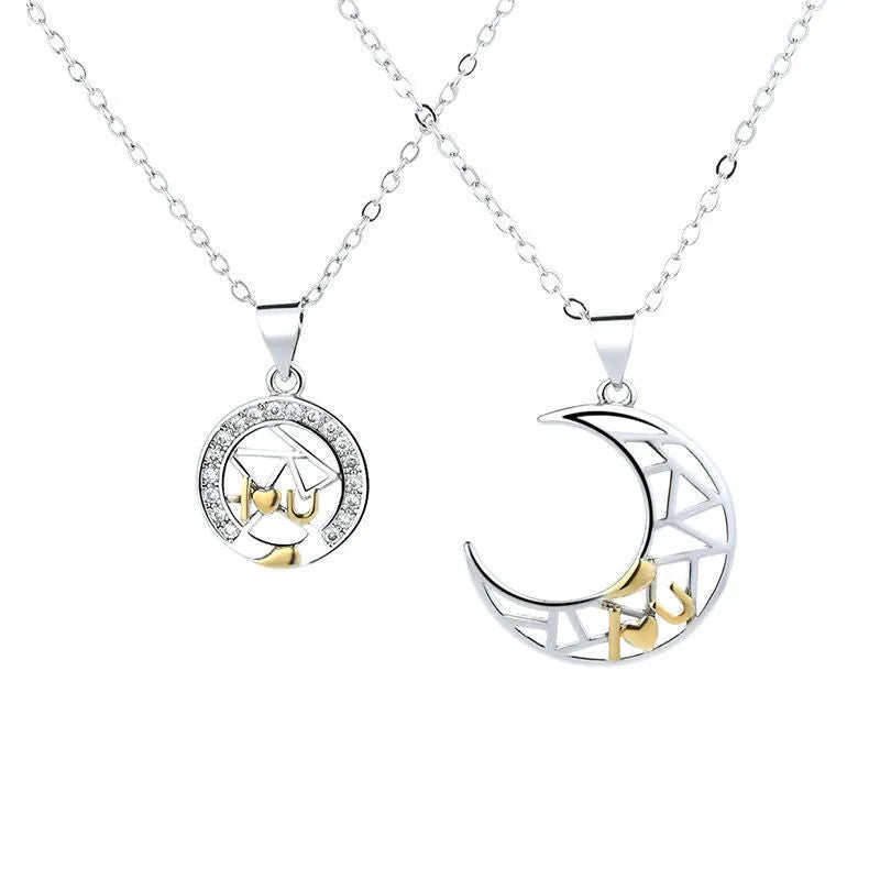 Sun moon tooth couple necklace for men and women with copper pendant and cross chain style