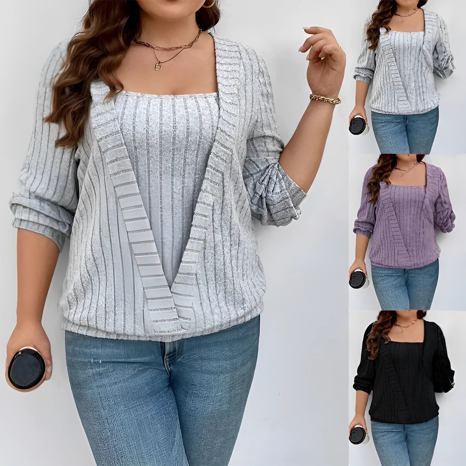 Women's solid colour V-neck long sleeve false two-piece suit in rib fabric.