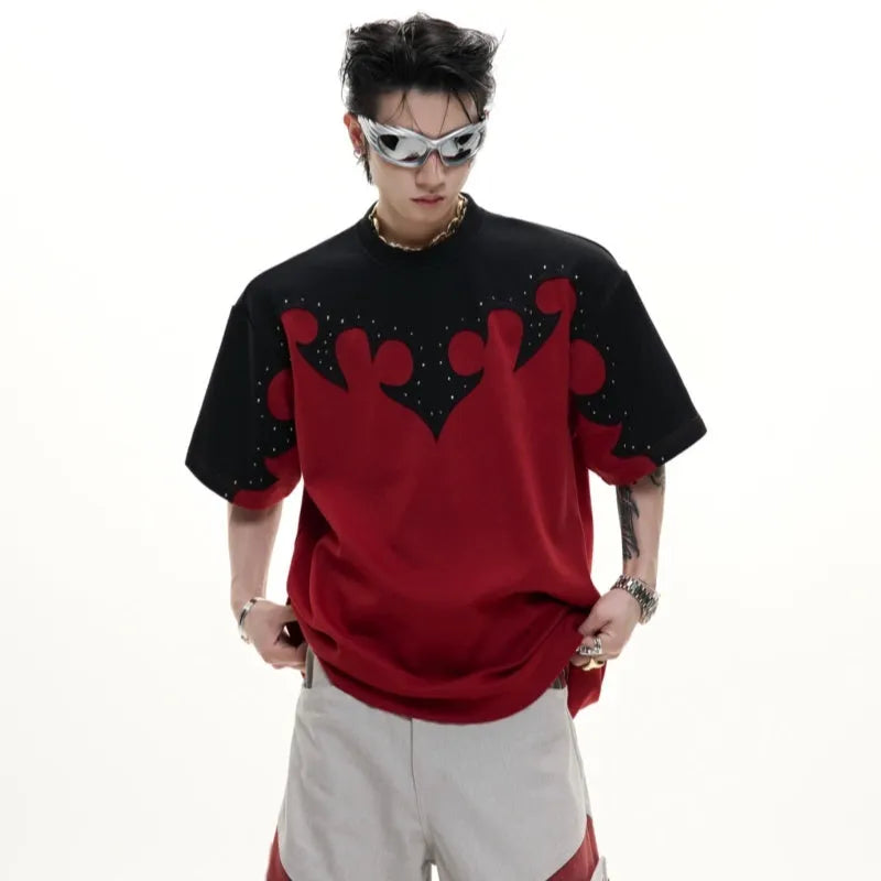 Men's red cotton t-shirt with three-dimensional burnt flower stitching and rhinestone decoration on front